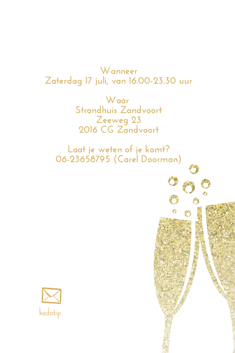 Jubileum uitnodiging 10 met gouden glitters met champagne glazen