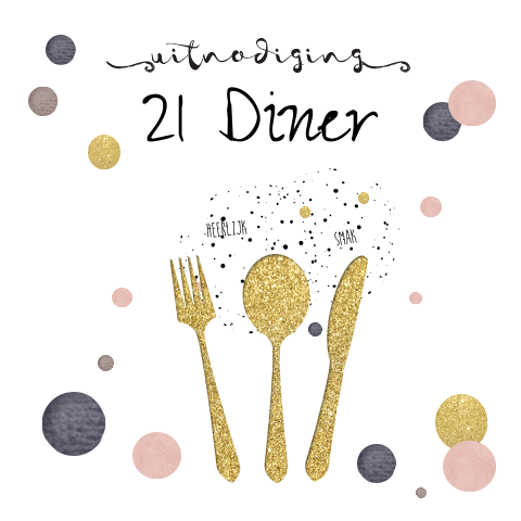 21 diner uitnodiging etentje met confetti en goudlook glazen