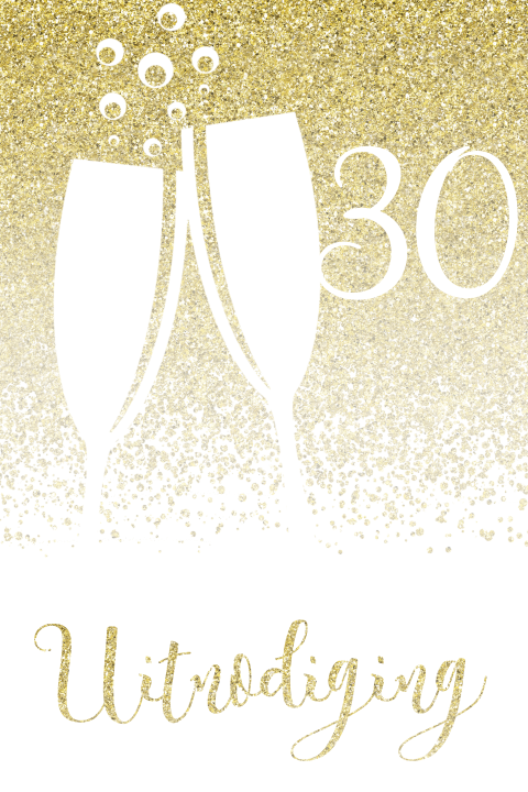 Jubileum uitnodiging 30 met gouden glitters met champagne glazen