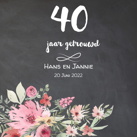 Hippe 40 jarig jubileum kaart krijtbord met aquarel bloemen
