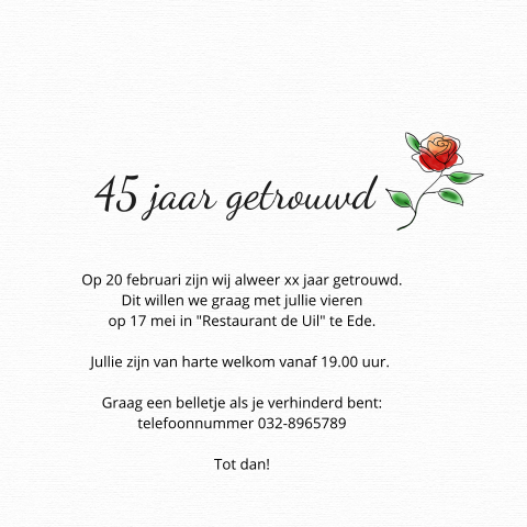 Jubileum uitnodiging 45 jaar getrouwd met rode rozen