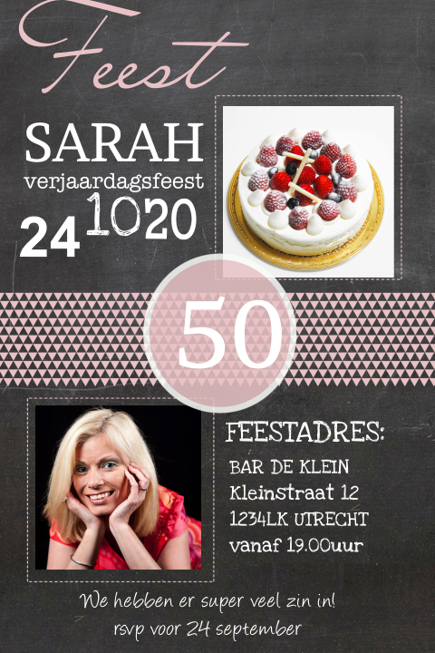 Uitnodiging 50ste verjaardag Sarah met krijtbord strak zalm