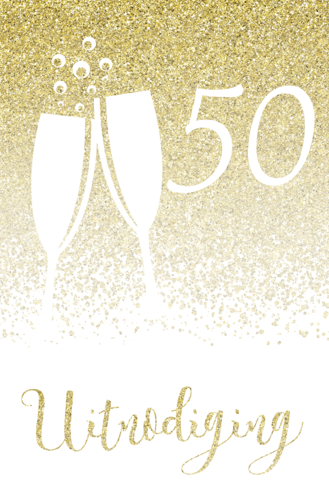 Jubileum uitnodiging 50 met gouden glitters met champagne glazen