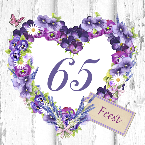 65-jaar-uitnodiging feest met paarse bloemetjes