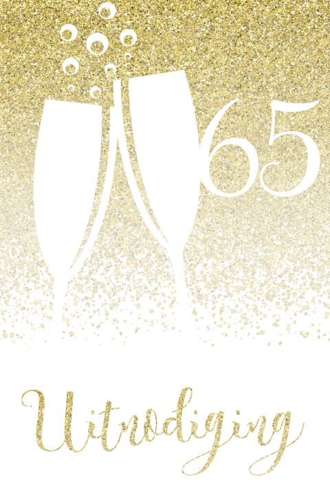Jubileum uitnodiging 65 met gouden glitters met champagne glazen