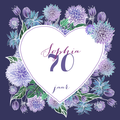 Uitnodiging 70e verjaardag met hart van bloemen