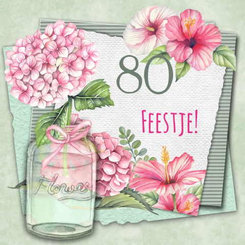 Uitnodiging 80ste verjaardag met hortensia