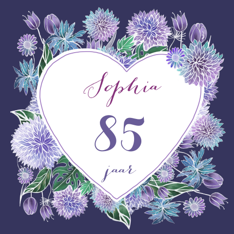 Uitnodiging 85e verjaardag met hart van bloemen