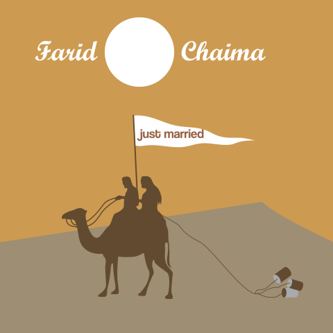Arabische islamitische trouwkaart bruidspaar op kameel met blikjes