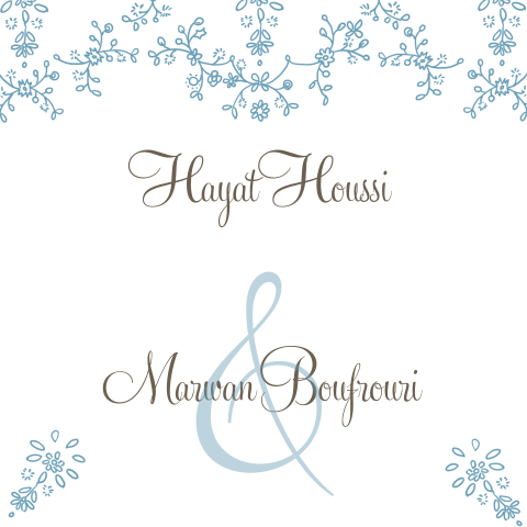 Arabische witte trouwkaart met parelmoer blauwe bloemetjes