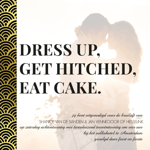 Art deco uitnodiging 'Dress up' bruiloft met foto zwart goud folie