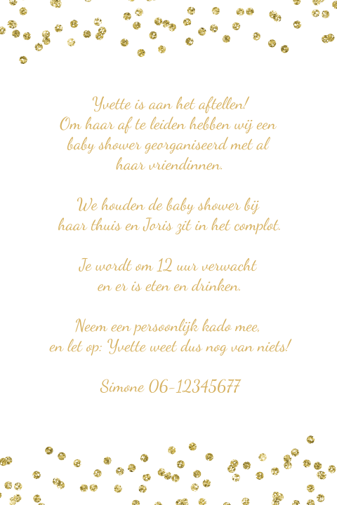 Babyshower uitnodiging in stijlvol grijs wit met gouden confetti