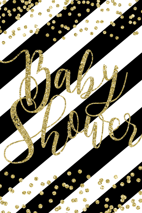 Uitnodiging baby shower met gouden confetti en glitters in zwart wit