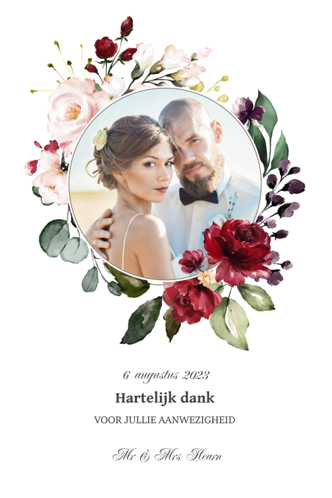 Bedankkaartje bruiloft met waterverf bloemen en foto