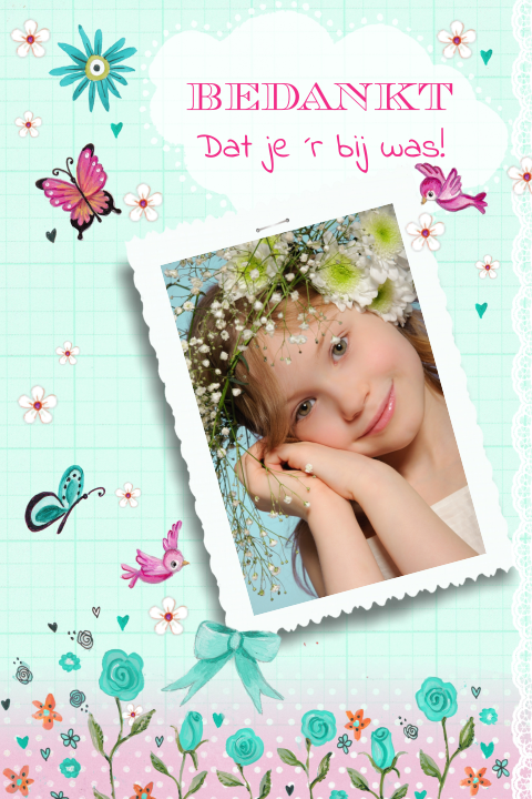 Communie bedankkaartje meisje met vlindertjes mint groene bloemetjes