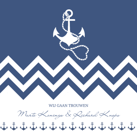 Zee strand huwelijkskaart met zigzag in blauw met anker