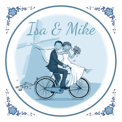 Delftsblauwe trouwkaart met molen en fietsers