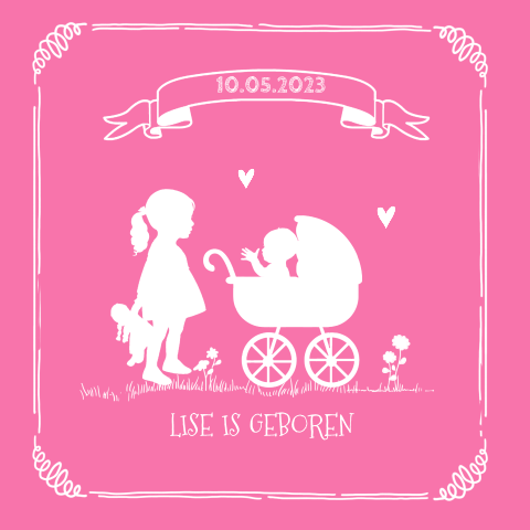 Fel roze geboortekaartje meisje met banner en handlettering
