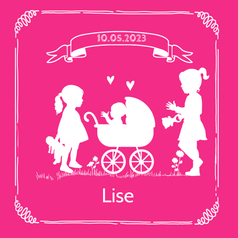 Fel roze geboortekaartje meisje met banner en zusjes
