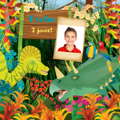 Foto uitnodigingskaart kinderfeestje dinosaurussen en papegaaien