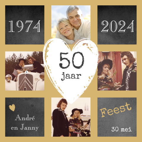 Fotokaart collage uitnodiging 50 jarig huwelijk krijtbord en hart