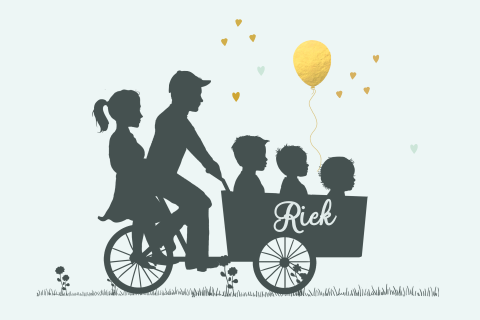 Profiel geboorte kaartje ouders met bakfiets en drie jongetjes