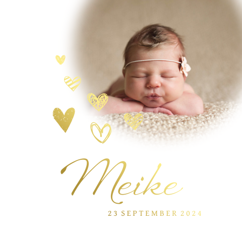 Geboortekaart foto met hartjes goud folie meisje