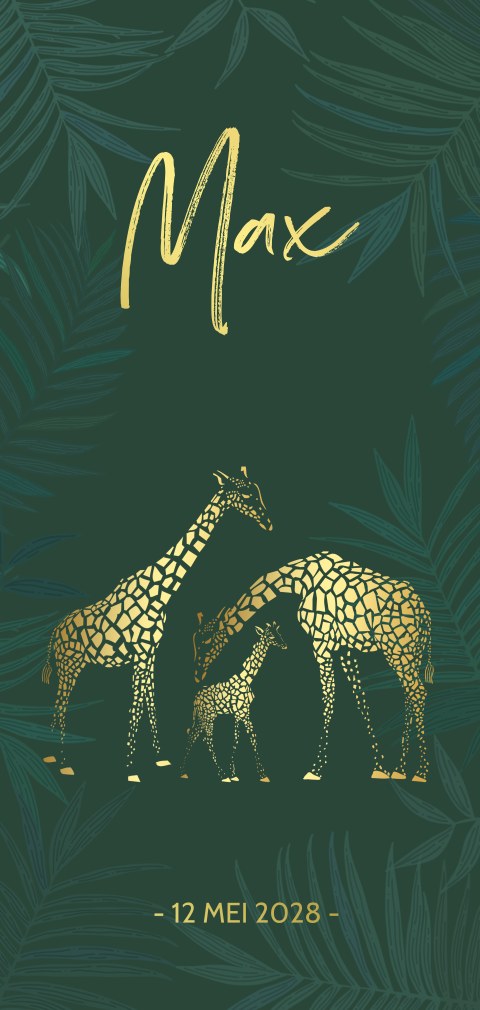 Geboortekaart jongen giraffen met takjes goudfolie