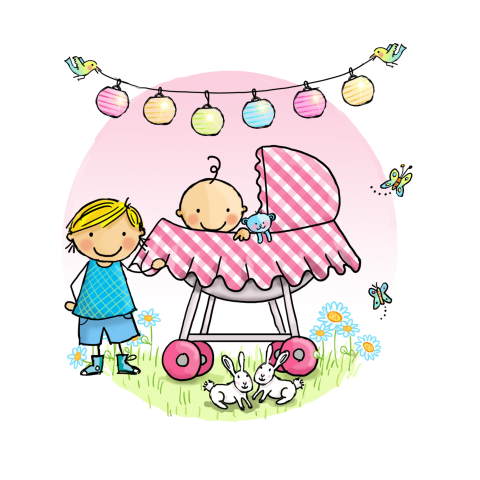 Geboortekaart meisje met broer en roze wieg