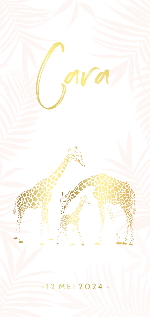 Geboortekaart meisje giraffen met takjes groen goudfolie
