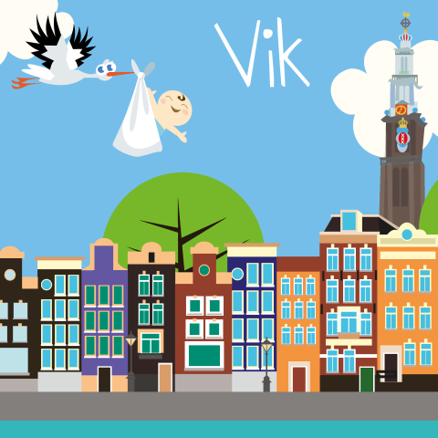Geboortekaartje Amsterdam ooievaar westerkerk westertoren grachten