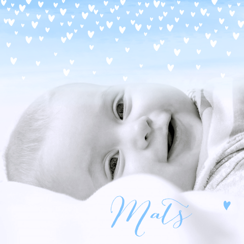 Geboortekaartje jongen met foto aquarel hartjes lief lichtblauw