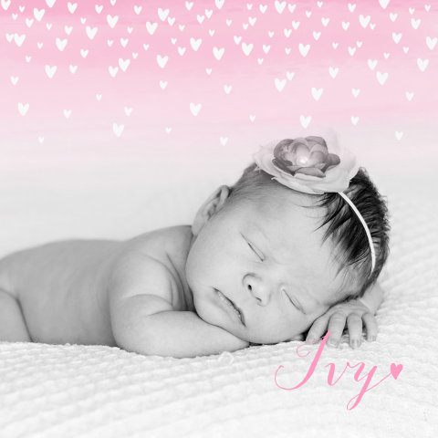 Geboortekaartje meisje met foto aquarel hartjes lief roze