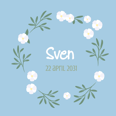 Geboortekaartje jongen blauw met bloemenkrans met madeliefjes
