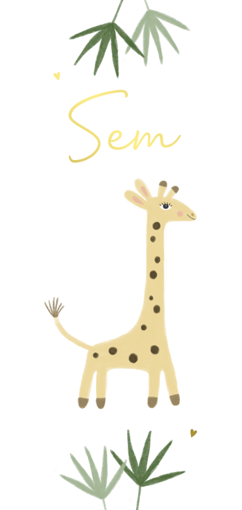 Geboortekaartje jongen giraf bladeren en goudfolie