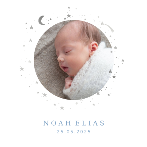 Geboortekaartje jongen met maan sterren foto zilverfolie
