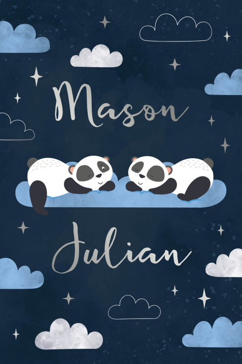 Geboortekaartje jongens tweeling wolken en sterren met panda blauw
