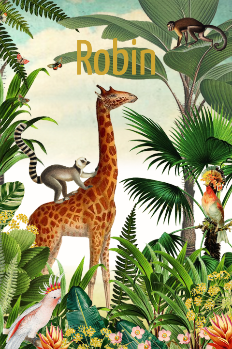 Geboortekaartje jungle met giraffe, vogels en aapjes.