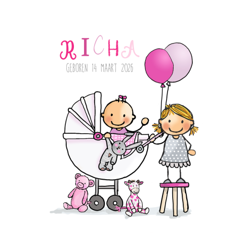Lief geboortekaartje roze kinderwagen en kindje met ballonnen