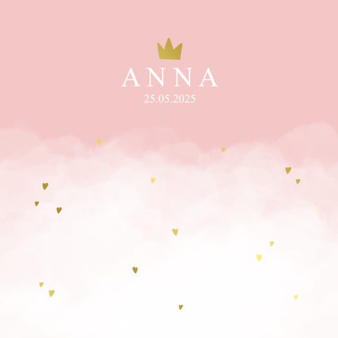 Geboortekaartje meisje kroon hartjes wolken goudfolie roze