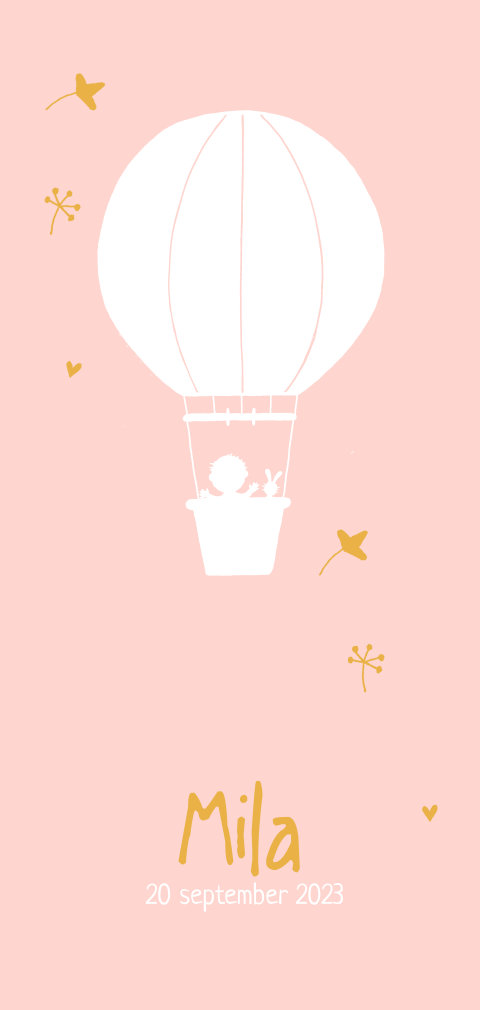 Geboortekaartje meisje met luchtballon met baby en konijn