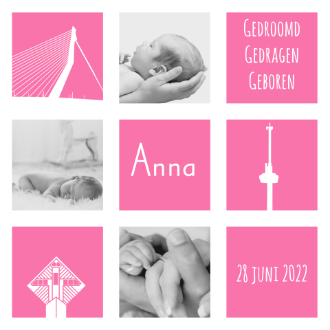 Geboortekaartje meisje roze vlakken Rotterdam thema