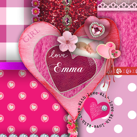 Prachtig geboortekaart met hart en verschillende tinten roze