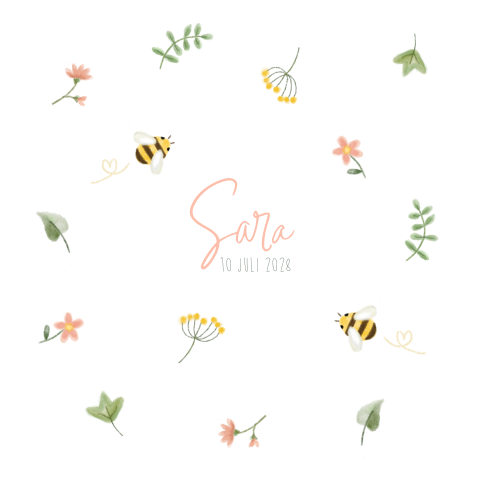 Geboortekaartje met bijen en bloemen meisje