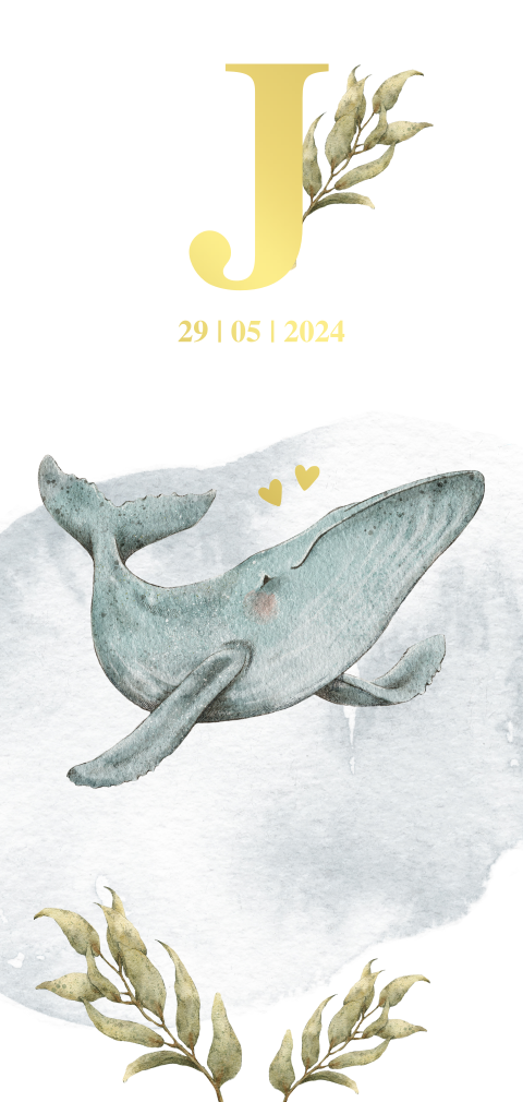 Geboortekaartje met walvisje in de zee in aquarel en goudfolie