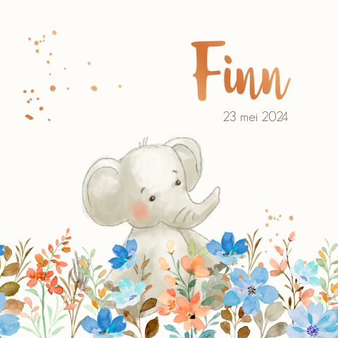 Geboortekaartje olifant jongen met bloemen en koperfolie