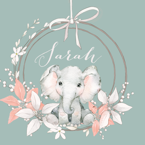Geboortekaartje olifant meisje en bloemen