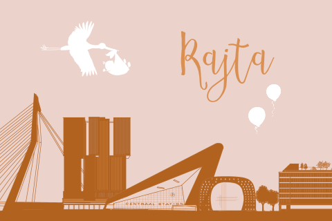 Geboortekaartje meisje Rotterdam silhouet Erasmusbrug roze