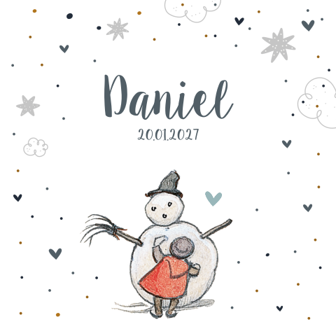 Geboortekaartje sneeuwpop met confetti en sterren jongen