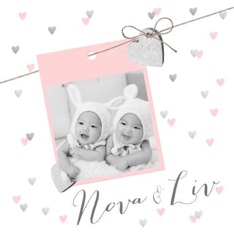 Geboortekaartje tweeling hartjes foto roze zilver
